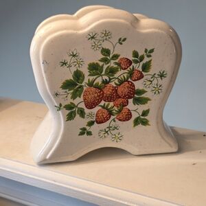 Vintage Ceramic Strawberry Napkin Holder - White with Red Strawberries